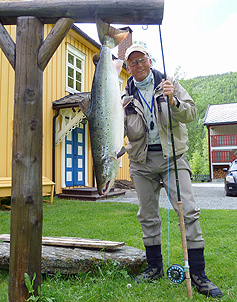 Ole J. Storflor med laks på 13 kg tatt på flue i Home Pool, Renå, 23.6.2012.